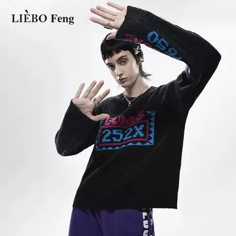 裂帛LIEBOFeng设计师品牌ins高街时髦刺绣圆领宽松慵懒风灰色毛衣图片
