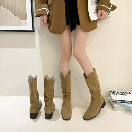气质显瘦长靴女2023新款夏季爆款靴子粗腿磨砂中筒靴复古风长筒靴图片