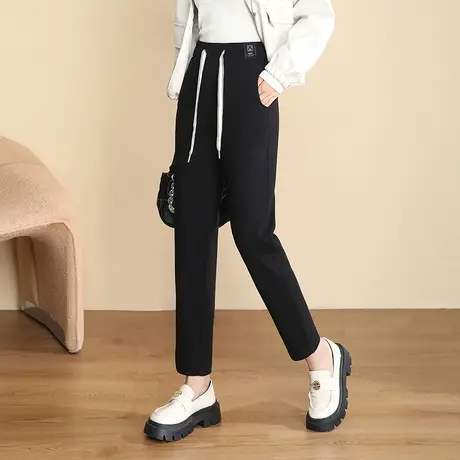黑色九分哈伦裤女秋冬2023新款松紧腰小个子显瘦休闲萝卜裤小脚裤商品大图