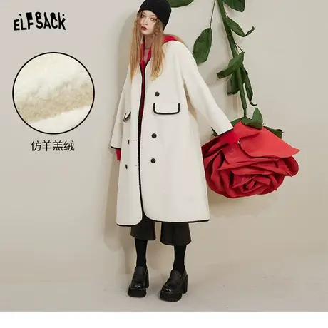 妖精的口袋白色毛呢大衣女2022秋冬新款气质长款仿羊羔毛呢子外套图片