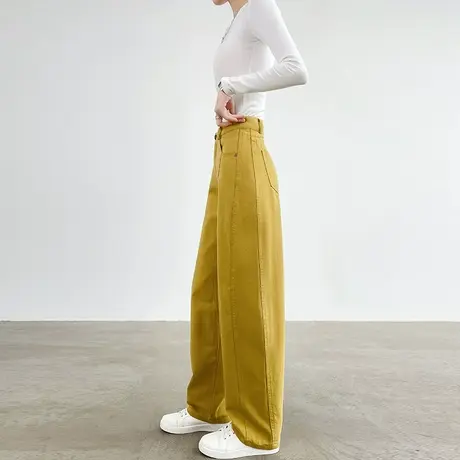 黄色弯刀牛仔裤女春秋新款高腰显瘦宽松直筒裤子小个子拼接阔腿裤商品大图