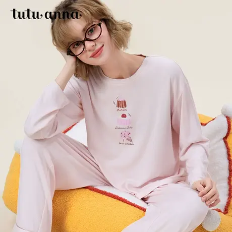 tutuanna秋款女士睡衣 超柔面料甜点印花套头长袖长裤家居服套装商品大图