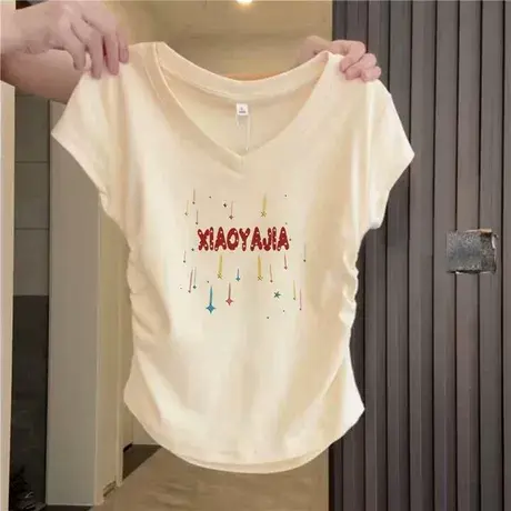 不规则下摆v领短袖t恤女生夏季重磅正肩修身显瘦短款褶皱上衣服商品大图