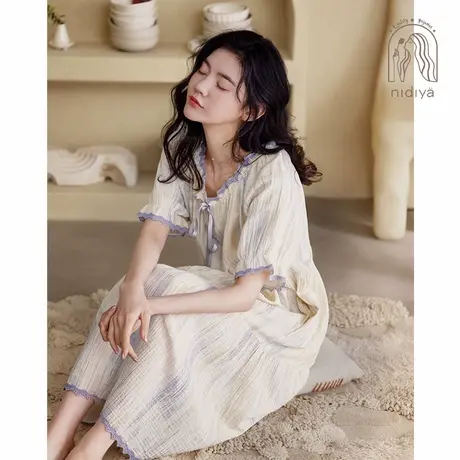 妮狄娅睡衣宽松大码睡裙女夏季薄款纯棉纱布短袖方领蕾丝边家居服商品大图