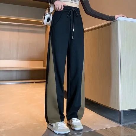 美式休闲运动长裤女春秋韩版百搭宽松显瘦高腰阔腿直筒拖地长裤潮图片