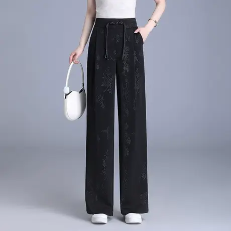 国风阔腿裤女春秋2025新款高腰垂感显瘦气质长裤通勤缎面直筒裤子图片
