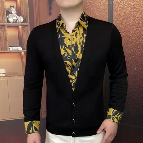 2025新款秋季外套男士假两件衬衫设计感潮牌开衫卫衣休闲男装衬衣商品大图