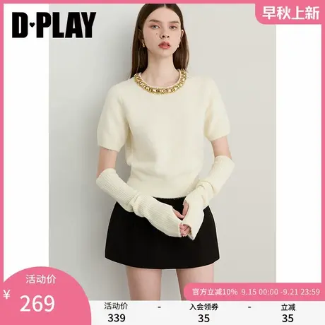 DPLAY2025年秋季新款白色针织衫女含羊毛独特闪钻设计长袖上衣商品大图