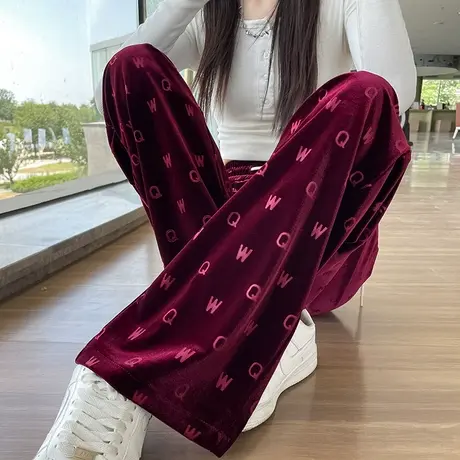 印花金丝绒窄版阔腿裤女秋冬2023新款高腰垂感遮胯设计感拖地长裤商品大图