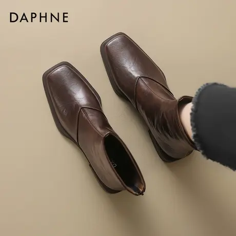 达芙妮棕色短靴女2026新款冬季单靴女气质瘦瘦靴子方头粗跟马丁靴图片