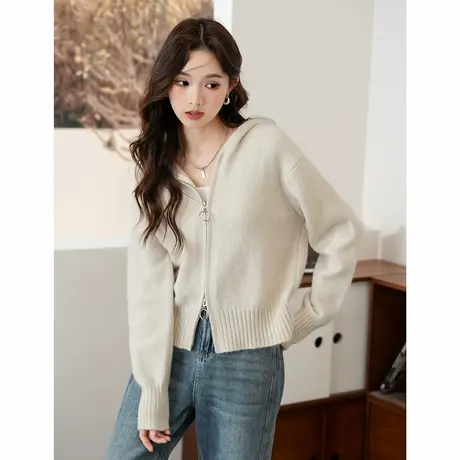 唐狮秋冬毛衣女百搭双头拉链连帽针织开衫春秋外套高级感外衣tu商品大图