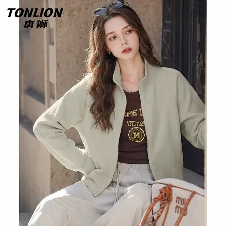 唐狮官方短款卫衣外套女2026新款春季美式宽松运动开衫立领上衣VC商品大图