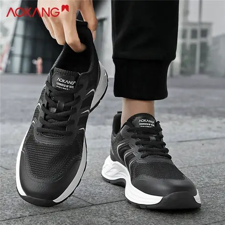 奥康男鞋2025新款透气网面运动鞋软底增高休闲跑步鞋轻盈黑色系带商品大图