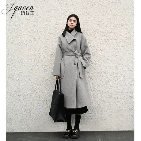 毛呢外套女中长款秋冬季新款韩版气质绑带宽松高级感灰色呢子大衣商品大图