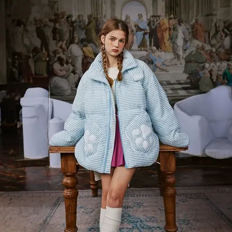 设计感格子棉服女加厚冬天外套2023新款韩系面包服复古宽松小棉袄商品大图