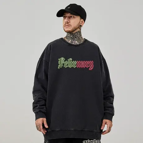 美式复古重磅卫衣加绒秋冬款圆领宽松加肥加大码胖子男生潮牌无帽商品大图