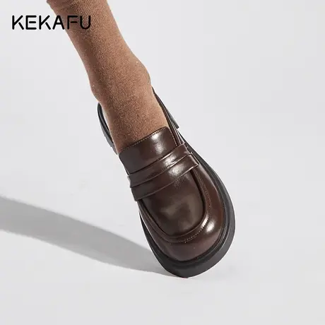 珂卡芙英伦风棕色乐福鞋女2023新款秋季厚底一脚蹬小皮鞋真皮单鞋商品大图