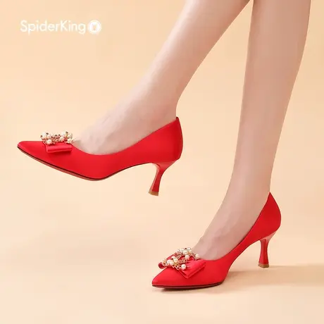 蜘蛛王2021新款秋冬季女士单鞋尖头红色婚鞋时尚气质女鞋细高跟鞋商品大图