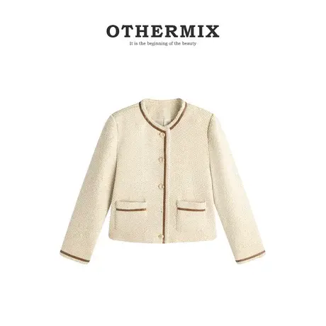 othermix小香风外套短款女2023秋冬新款夹克通勤圆领宽松百搭上衣图片