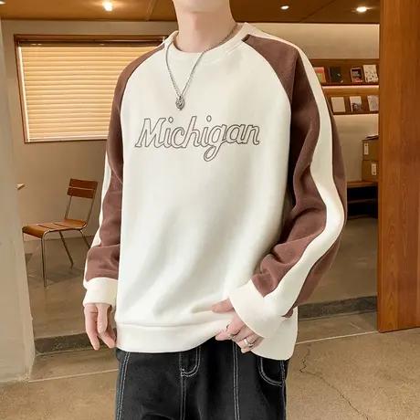 奥粒绒卫衣男秋冬季新款加绒加厚套头打底衫潮牌拼接插肩秋装上衣图片