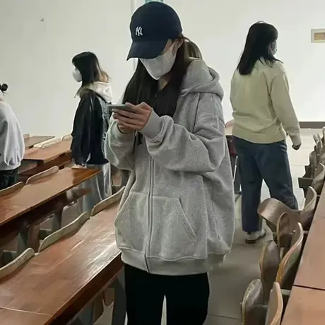 连帽卫衣女2023新款秋冬小个子高级感韩系慵懒风加绒加厚开衫外套图片