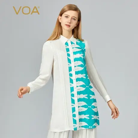VOA春季提花桑蚕丝翻领长袖褶皱下摆开叉清新舒适长款真丝衬衫女图片