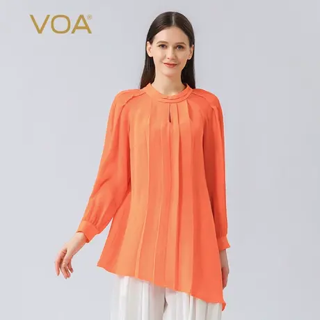 VOA重绉真丝镂空半高领蝴蝶结长袖不对称下摆褶皱休闲桑蚕丝T恤衫商品大图