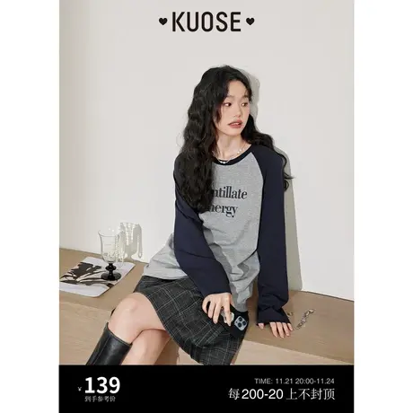 阔色美式复古纯棉T恤女2023早秋新款插肩宽松长袖薄款上衣图片