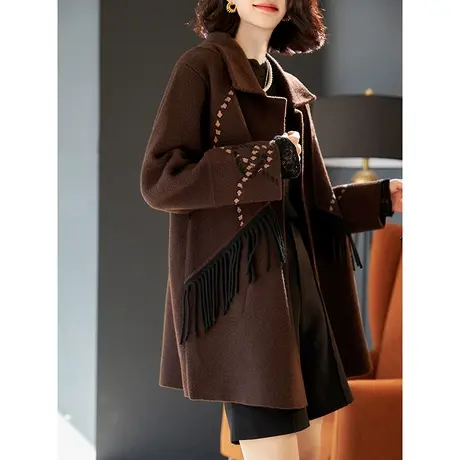 宝诗黎翻领流苏中长款羊毛呢子外套女宽松毛呢开衫2024春秋季新款商品大图