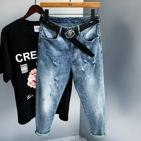 夏季新款破洞牛仔裤男士修身弹力韩版潮牌百搭蓝色长裤子男老爹裤商品大图