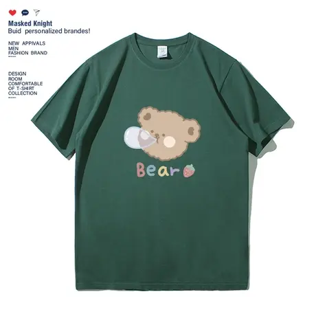 2023新款夏季潮牌卡通小熊印花短袖t恤男宽松休闲纯棉情侣装体恤商品大图