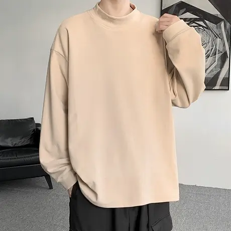 半高领纯色德绒长袖T恤男春秋季ins潮流针织休闲内搭打底衫可外穿商品大图