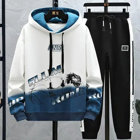 秋冬季青少年加绒加厚卫衣男孩初高中学生潮流帅气大童男装套装商品大图