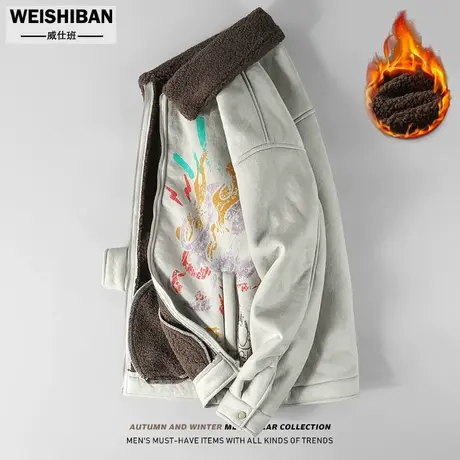 美式休闲涂鸦色彩保暖棉服男冬季设计感加厚麂皮绒宽松羊羔毛外套商品大图