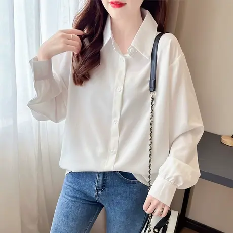 2023春装新款白色设计感衬衫女叠穿打底上衣百搭宽松显瘦长袖衬衣图片