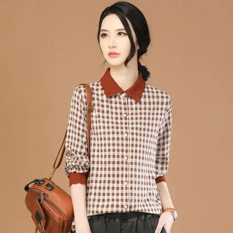 韩潮袭人polo领复古格子长袖衬衣2024春装新款女士衬衫设计感小众图片