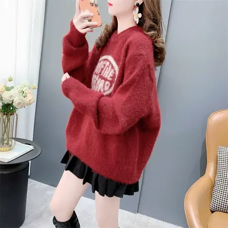 学院风软糯毛绒圆领毛衣女套头2023年新款秋冬宽松加厚氛围感上衣商品大图