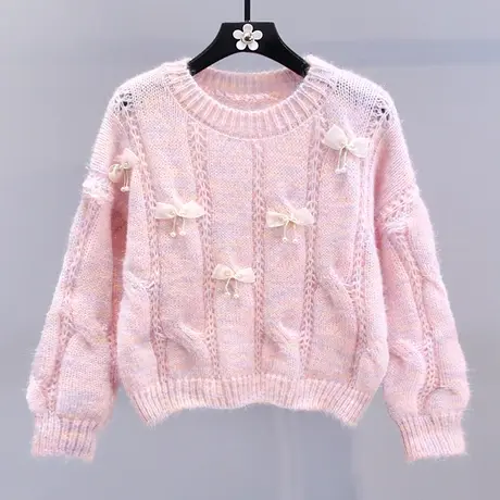 小清新软糯温柔蝴蝶结毛衣女秋冬2023新款宽松慵懒设计感针织上衣图片