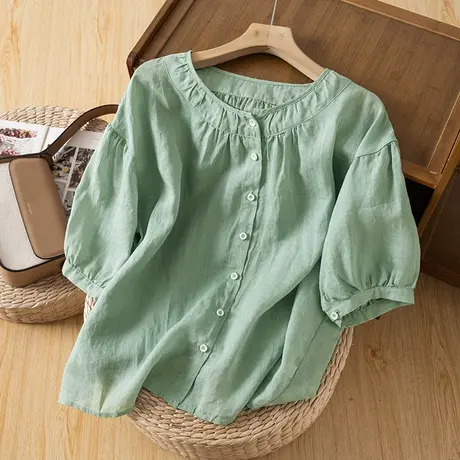 享永子五分袖苎麻衬衫女文艺复古气质百搭棉麻上衣薄款2023夏新款商品大图
