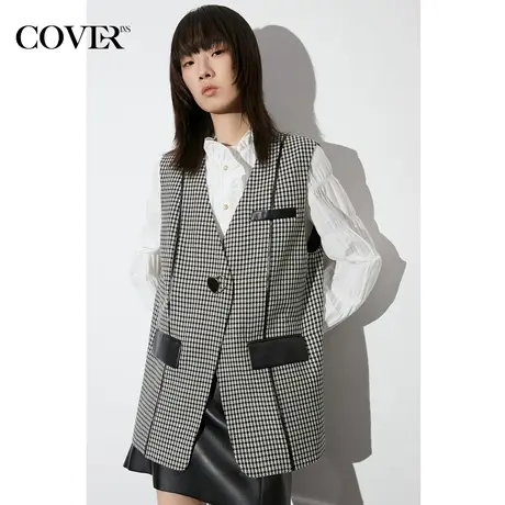 COVER春季千鸟格黑白撞色直身拼接马甲图片