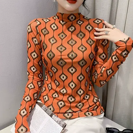 半高领网纱T恤女长袖2024新款洋气内搭打底衫时尚印花上衣设计感图片