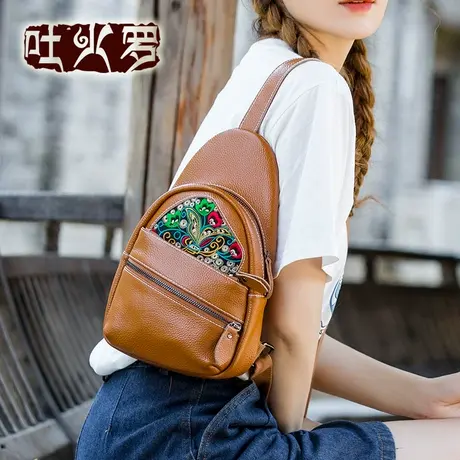 吐火罗女包2021冬季新款复古百搭单肩包女民族风刺绣斜挎牛皮胸包图片