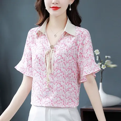 碎花雪纺衬女2023夏季新款别致V领系带衬衫时尚减龄气质上衣小衫图片