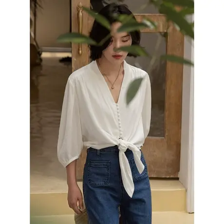 弥古白色v领棉麻短袖衬衫法式打结防晒衬衣罩衫七分袖夏季女上衣商品大图