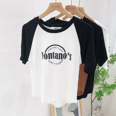 2022夏季chic港风美式复古正肩T恤设计感撞色插肩袖短款高腰上衣图片