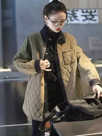 夹棉衬衫外套女秋冬中长款2023新款外穿时尚宽松加厚菱格衬衣长袖图片