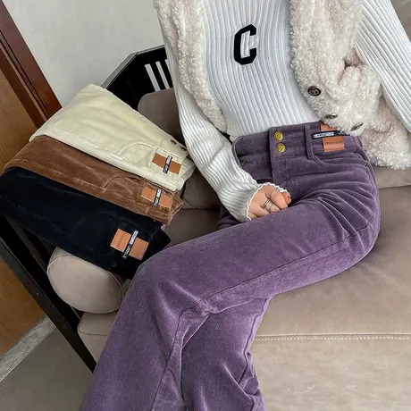 高腰喇叭裤女加绒秋冬季2023新款宽松条绒休闲长裤灯芯绒微喇裤子图片