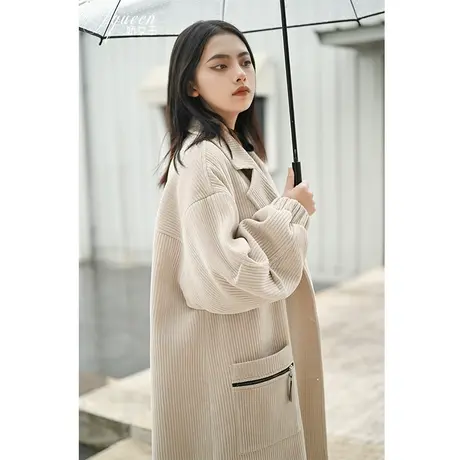 灯芯绒外套女秋冬加厚保暖新款宽松休闲条绒气质高级感中长款大衣商品大图
