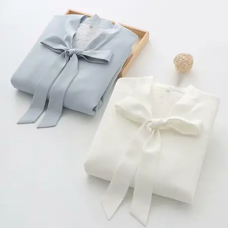 加厚蝴蝶结衬衫女长袖秋冬加绒飘带打底上衣职业气质雪纺白色衬衣商品大图