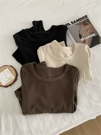 软糯亲肤鱼骨线长袖T恤女秋冬修身显瘦小个子短款磨毛加厚打底衫商品大图